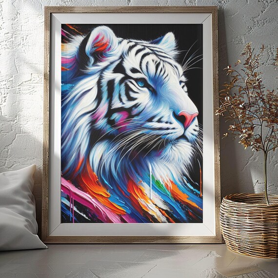 White Tiger Profile Neon Colors Abstract Pop Art Wildlife Painting Poster