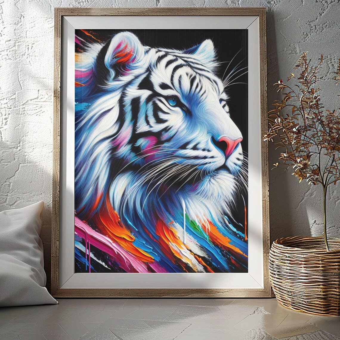 White Tiger Profile Neon Colors Abstract Pop Art Wildlife Painting Poster