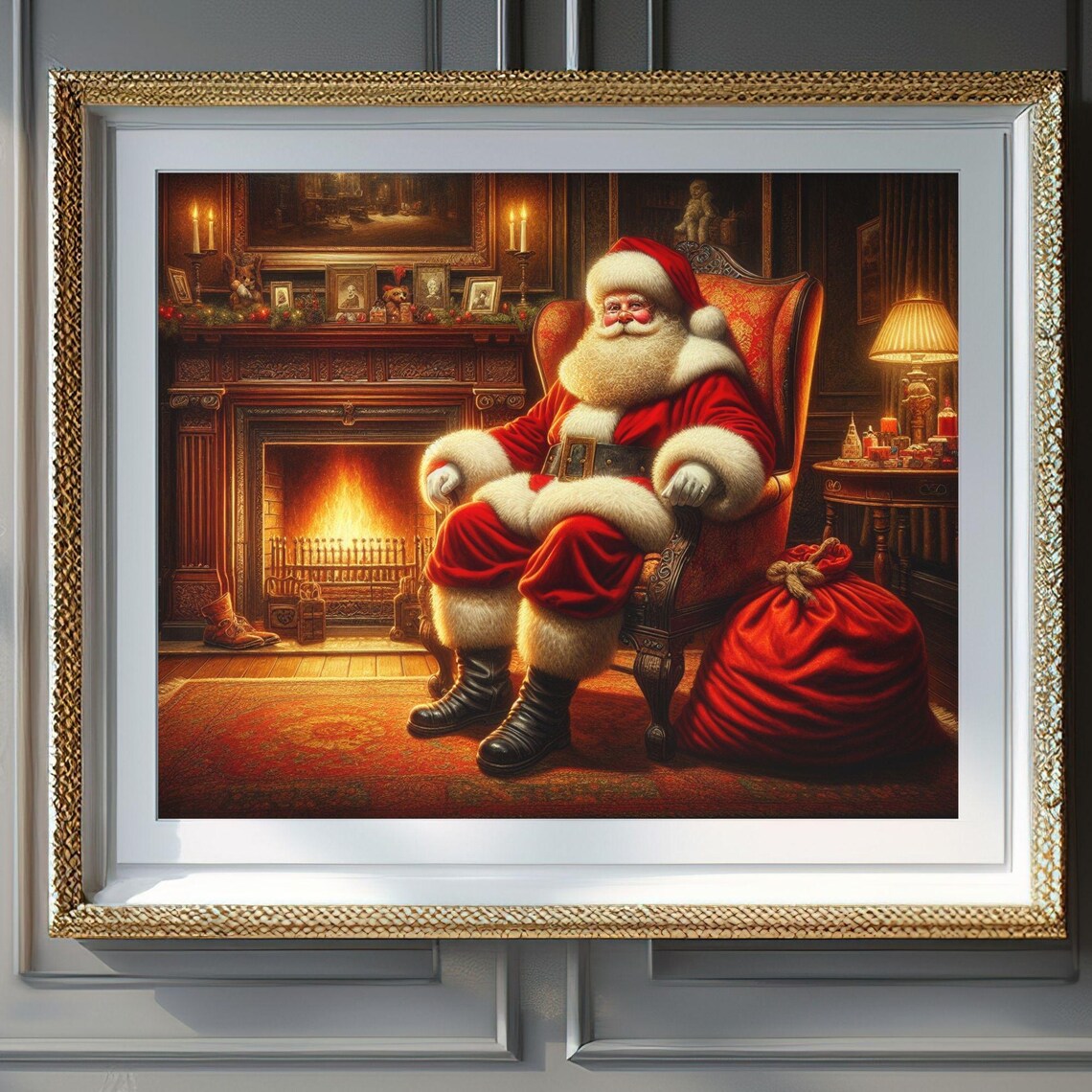 Santa Claus Resting By Fireplace Cozy Parlor Christmas Eve Poster