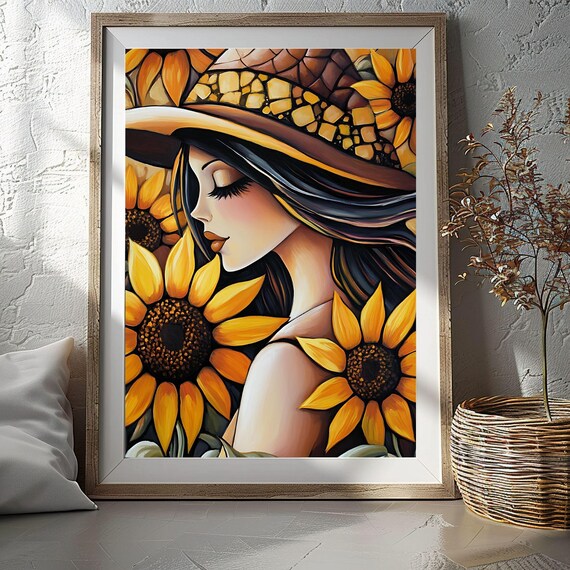 Sunflower Girl with Stained Glass Hat Stylized Portrait Poster
