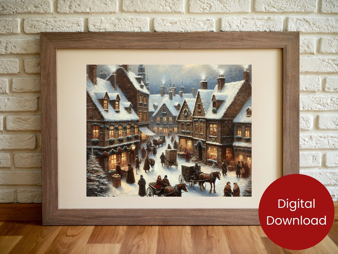 Victorian Christmas Village Snowy Street Carriage Holiday Poster