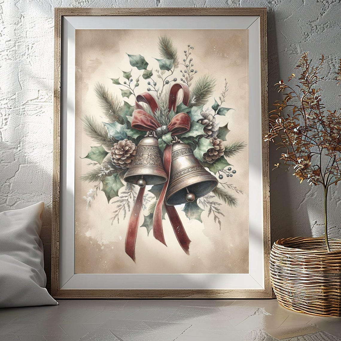 Vintage Silver Christmas Bells Red Ribbon Pinecones Holiday Poster