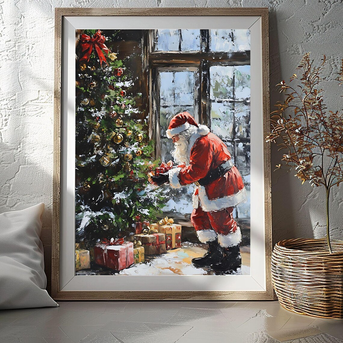 Santa Claus Placing Gifts Under Christmas Tree Window Poster