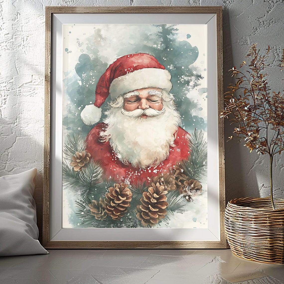 Sleeping Santa Claus Portrait with Pinecones Watercolor Poster