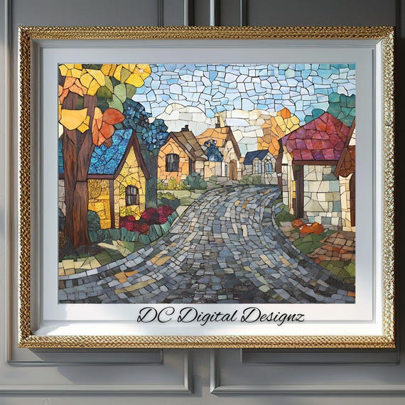 Wall Art Of Cobblestone Road Village Mosaic Stained Glass Style Artwork Rustic Decor Instant