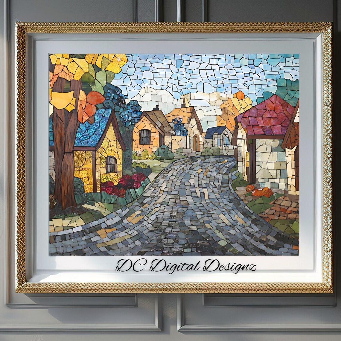 Stained Glass Village Cobblestone Road Autumn Houses Mosaic Poster