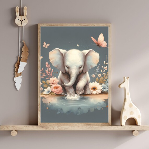 Baby Elephant Splashing in Water with Butterflies Nursery Poster