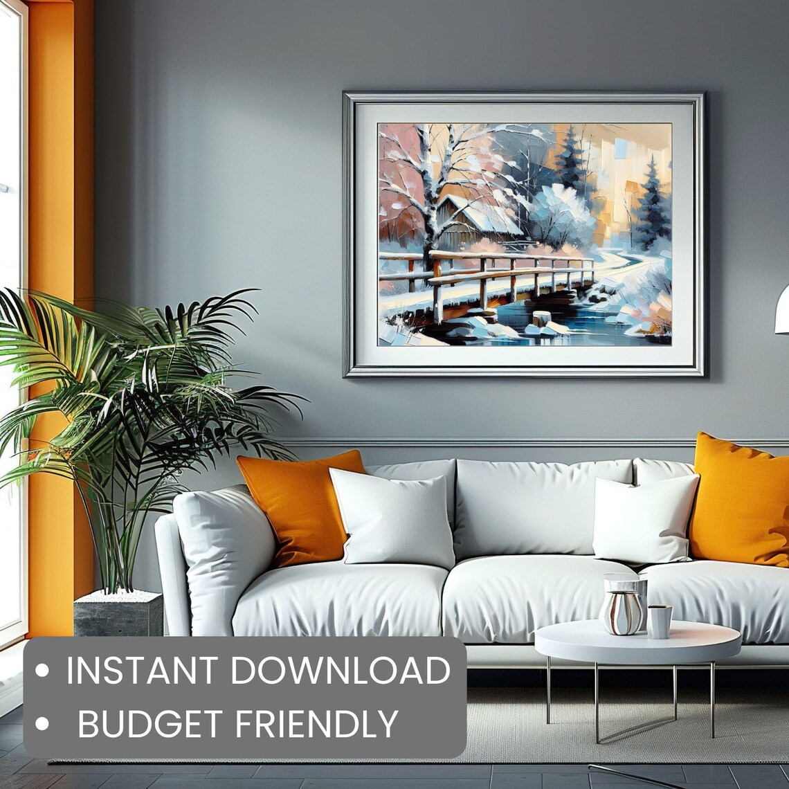 Snowy Wooden Bridge Over Frozen River Winter Cabin Scene Wall Art - Image 2