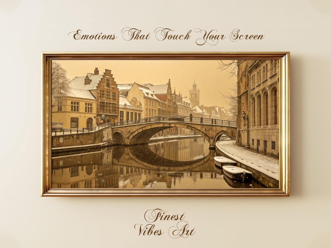 Romantic Winter Canal Stone Bridge Sepia European Old Town Poster