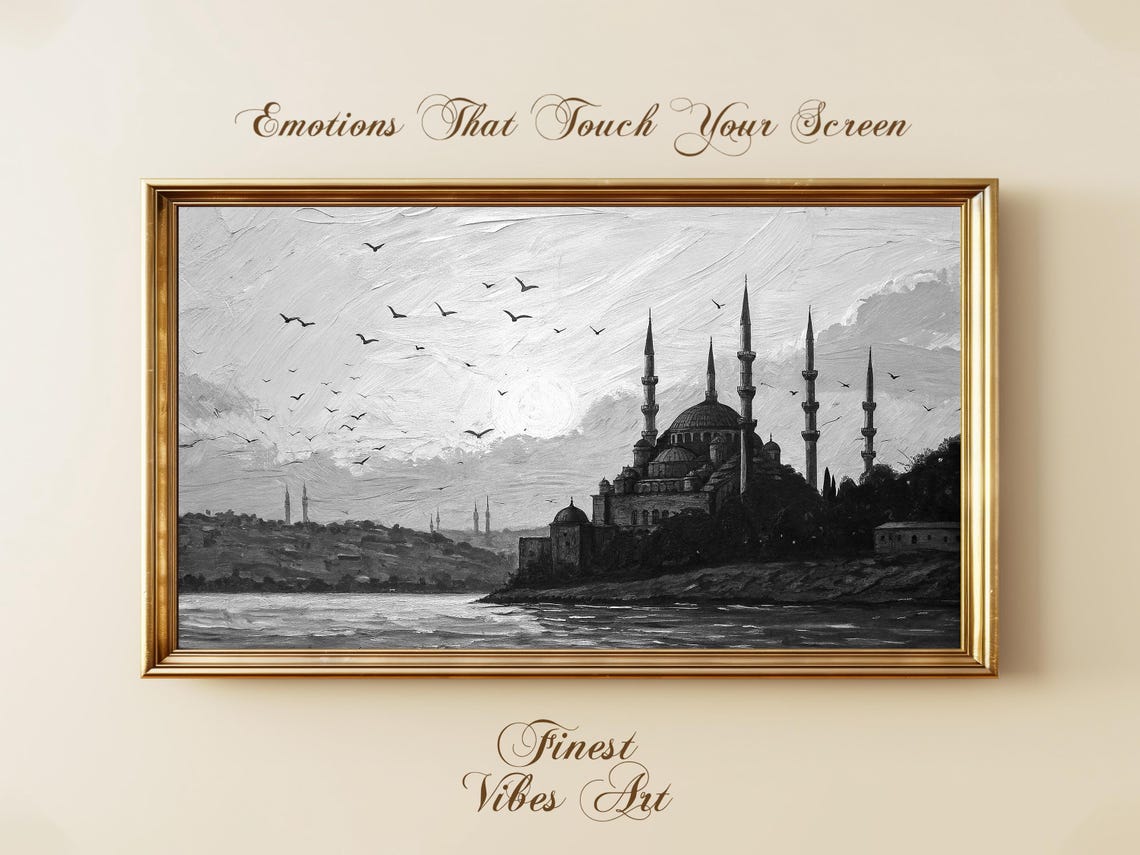 Black And White Istanbul Blue Mosque Seagulls Bosphorus Sky Art Poster