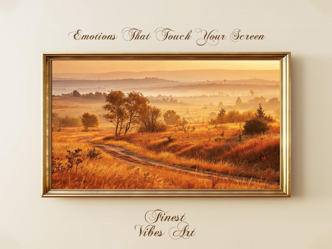 Golden Autumn Field Misty Sunrise Rolling Hills Landscape Art Print