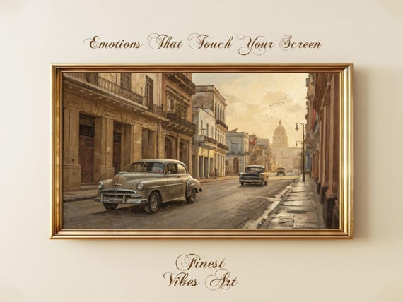 Vintage Havana Street Painting Retro Cars Cityscape Art Warm Nostalgic Colonial Architecture