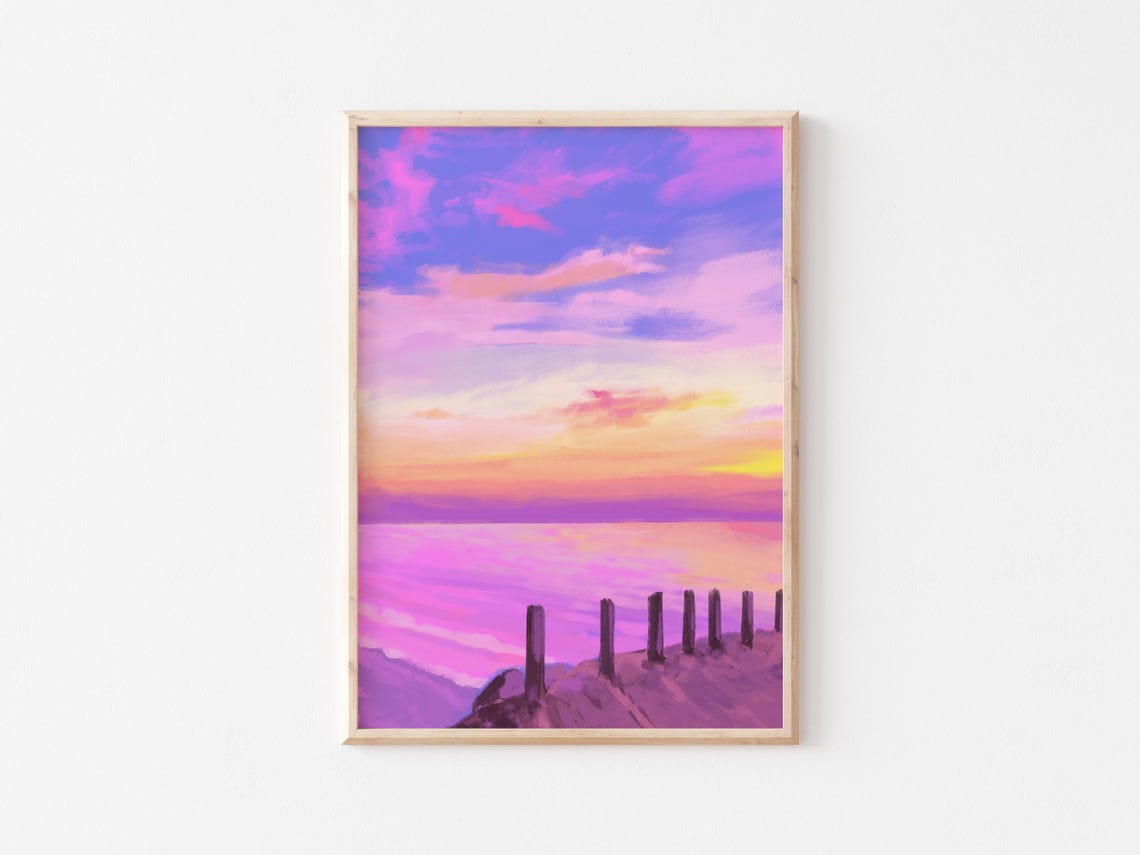 Dreamy Pink Sunset Coastal Pier Painting Ocean View Art Poster - Image 3