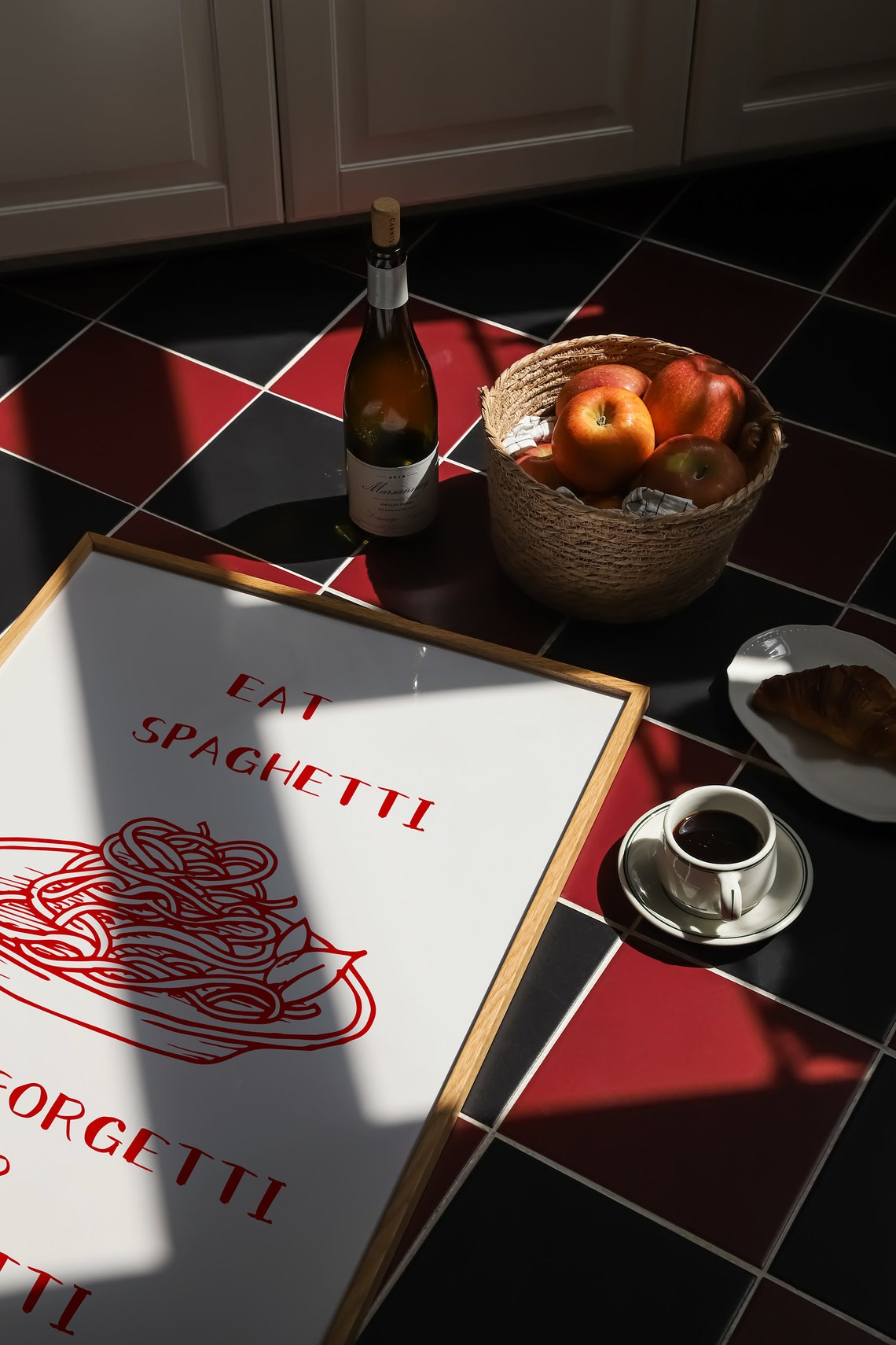 Eat Spaghetti To Forgetti Your Regretti Red Letterpress Kitchen Poster - Image 2