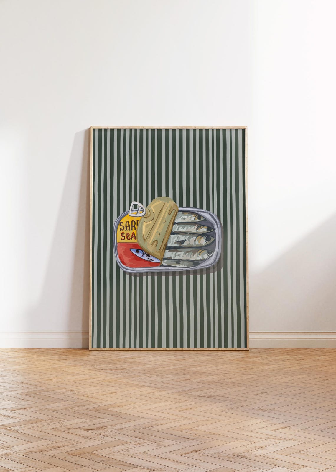 Retro Sardine Tin Art on Bold Green Vertical Stripes Background Poster - Image 2