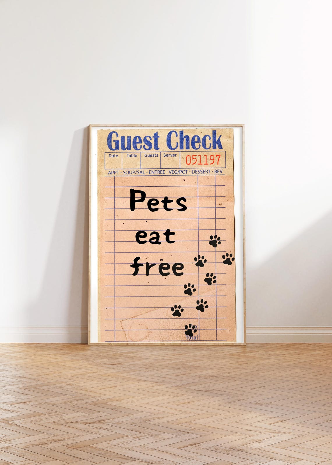 Pets Eat Free Vintage Diner Guest Check Paw Prints Kitchen Poster - Image 4