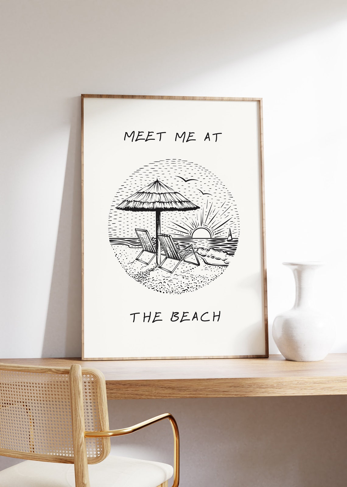 Meet Me At The Beach Vintage Line Art Beach Scene Quote Poster - Image 3