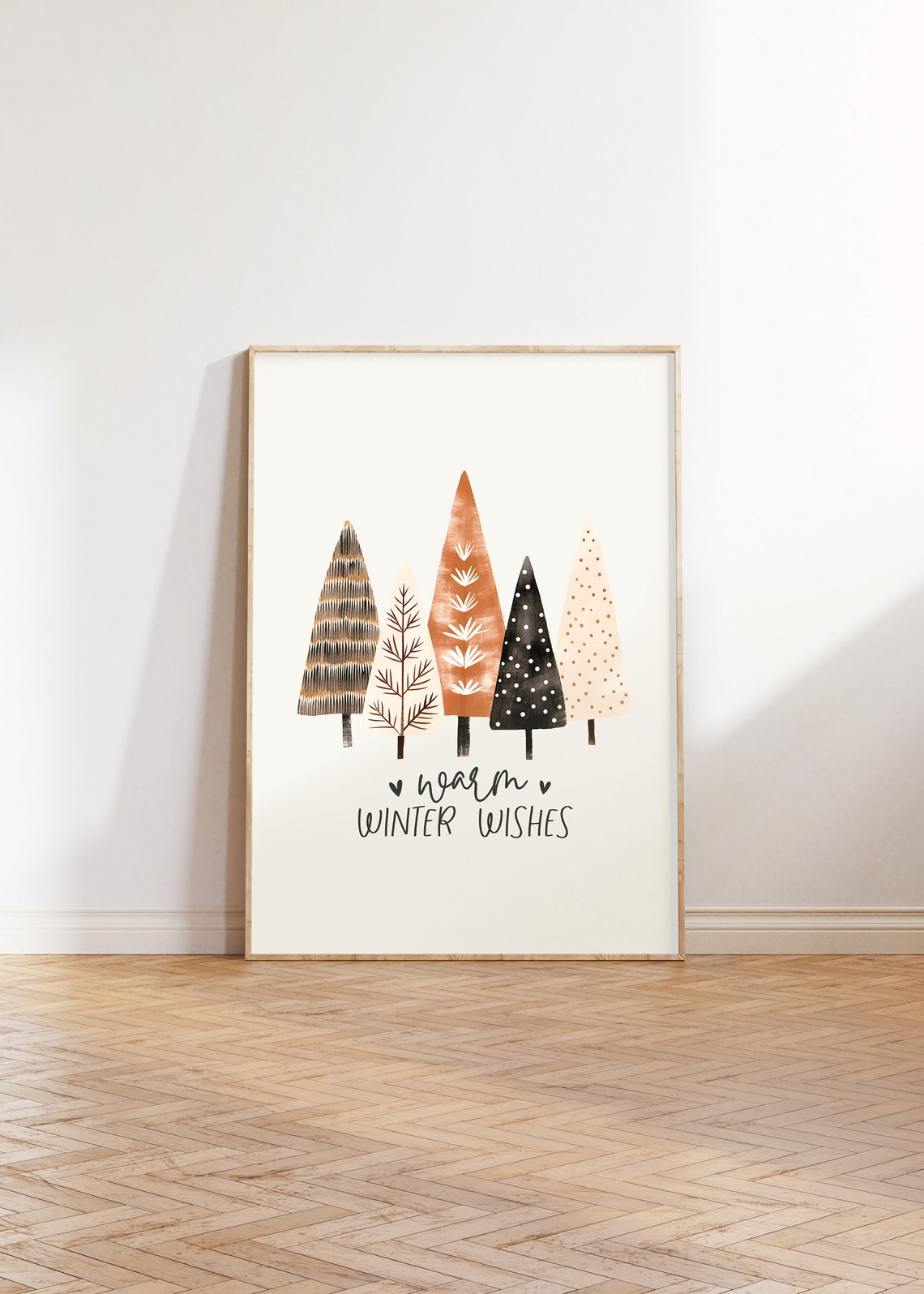 Warm Winter Wishes Five Patterned Trees Minimalist Holiday Print - Image 2