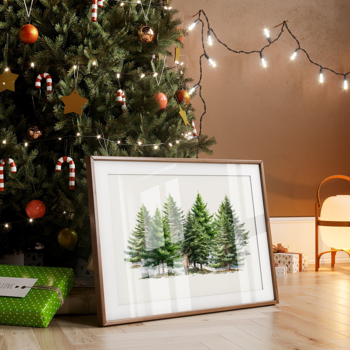 Watercolor Deer Among Evergreen Trees Winter Forest Scene Poster - Image 3