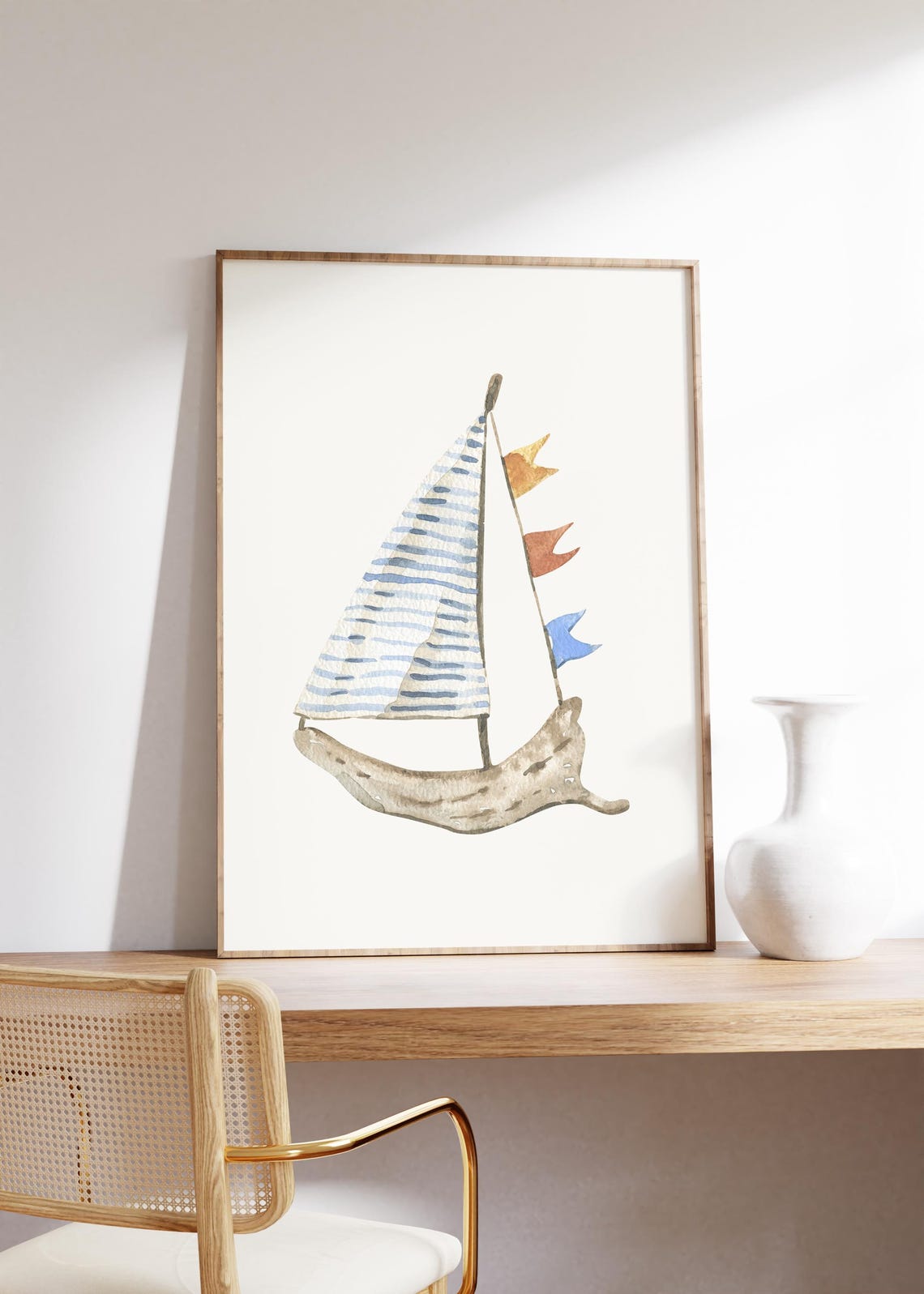 Driftwood Sailboat Blue Striped Sail Colorful Flags Watercolor Poster - Image 3