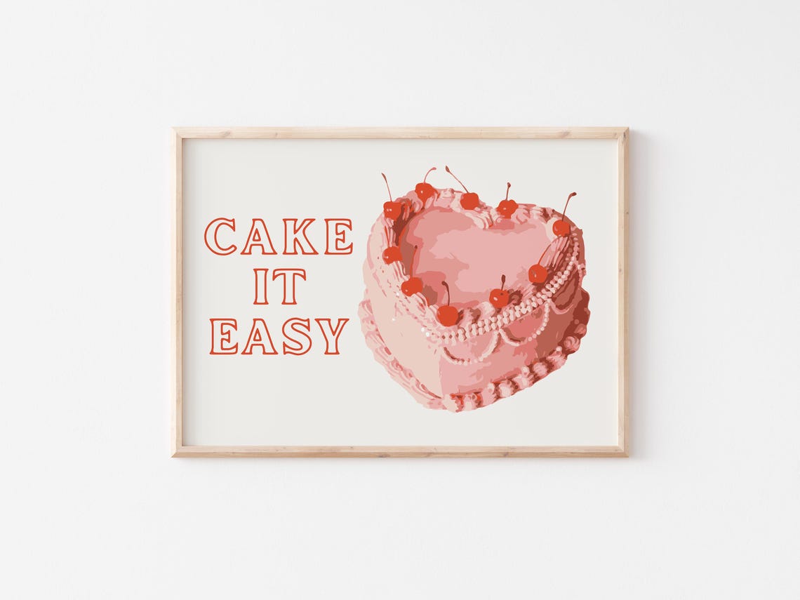 Cake It Easy Pink Heart Cherry Cake Girly Retro Kitchen Poster