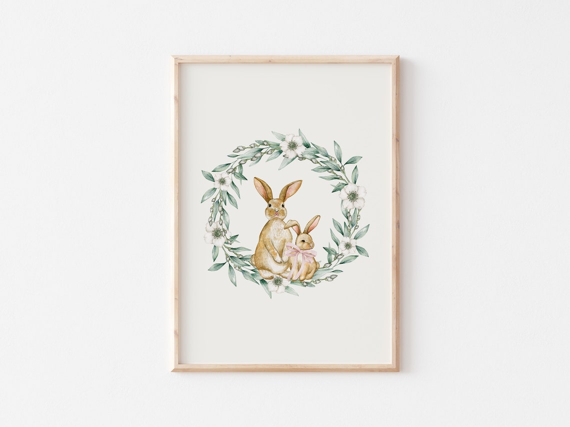 Two Sweet Bunnies in a Floral Wreath Watercolor Easter Poster - Image 4