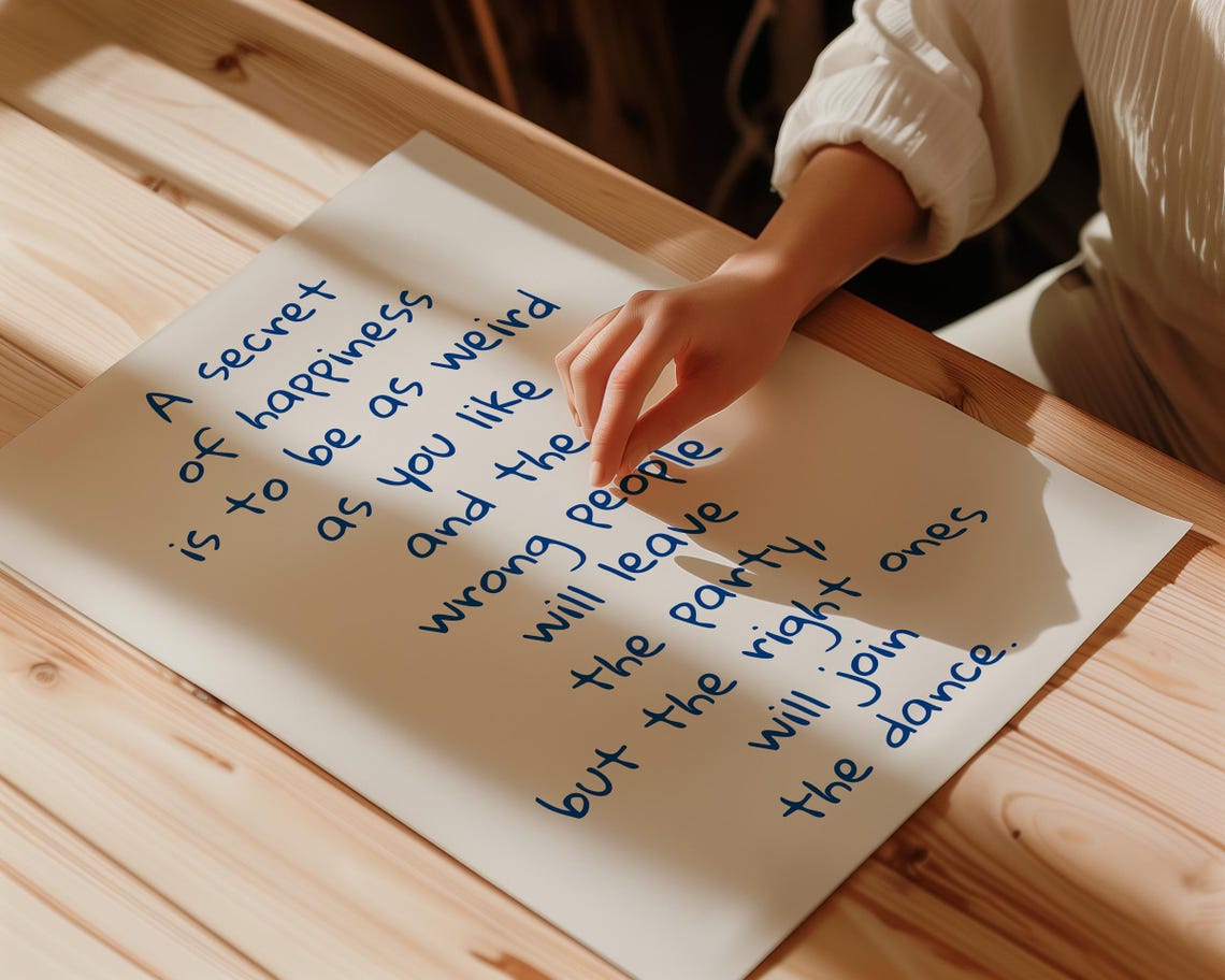 Secret of Happiness Be Weird Hand Lettered Blue Quote Poster - Image 2
