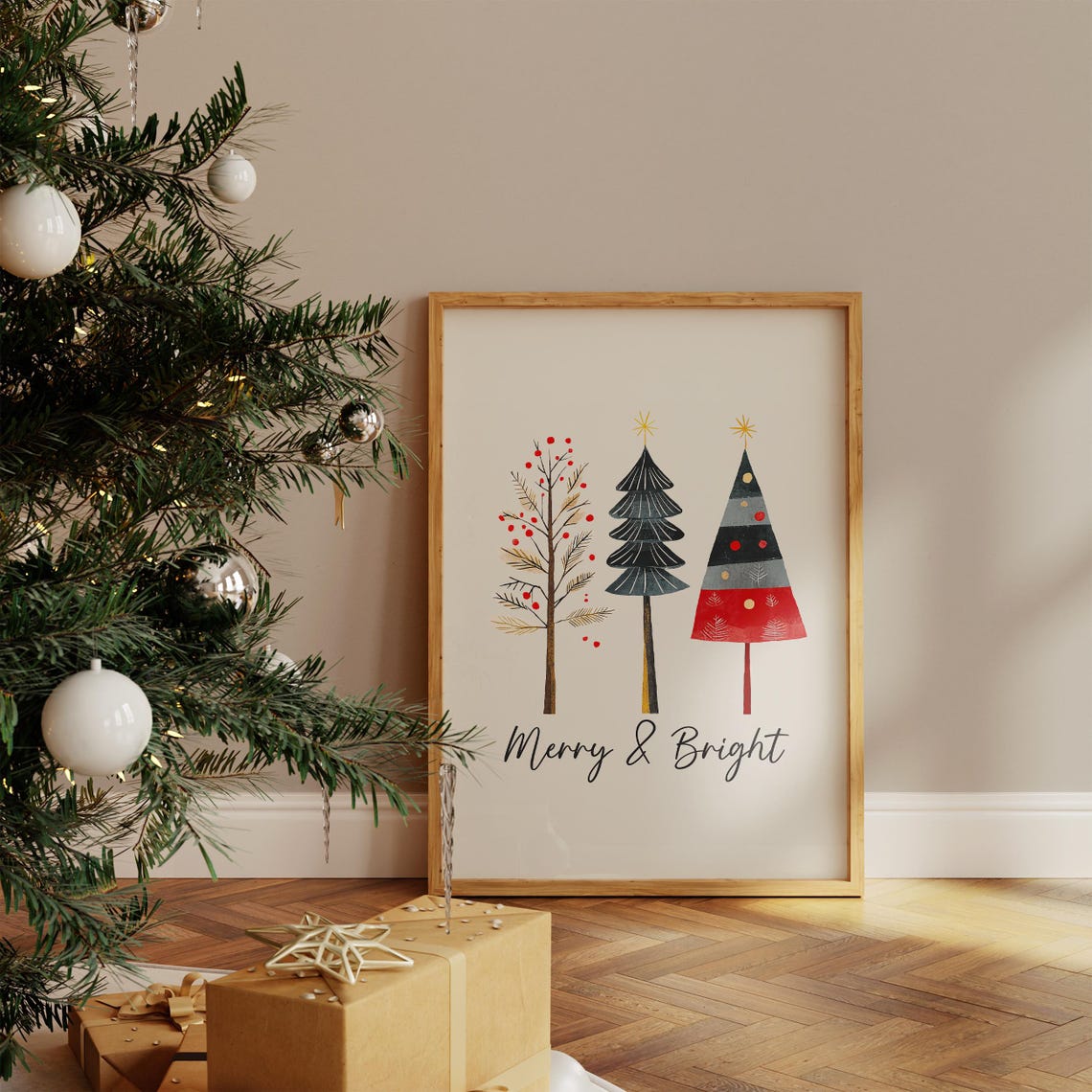 Merry and Bright Three Stylized Christmas Trees Script Poster - Image 3