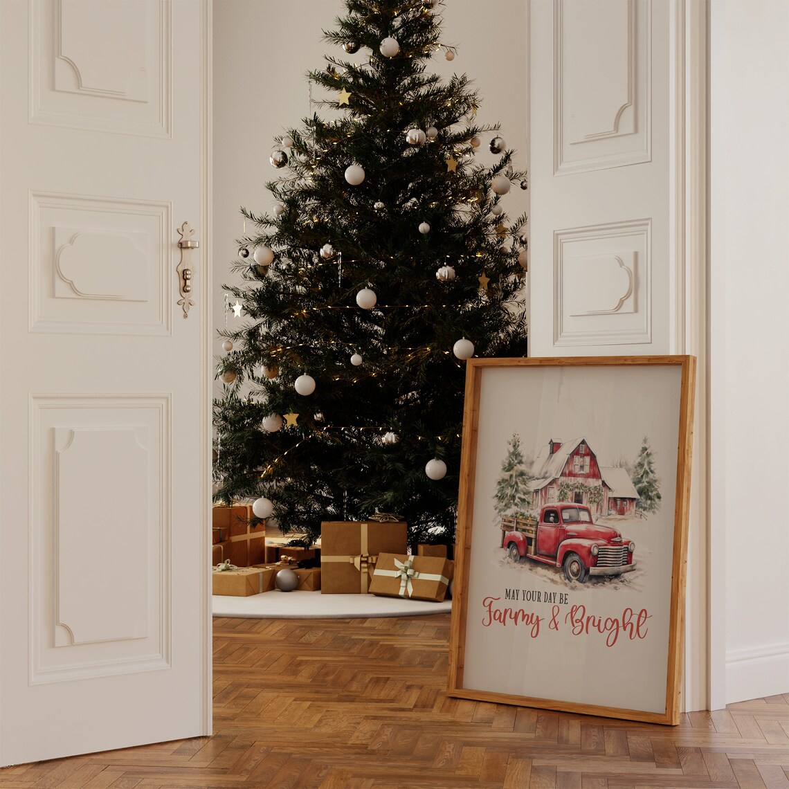 May Your Day Be Farmy And Bright Red Truck Farmhouse Christmas Poster - Image 3