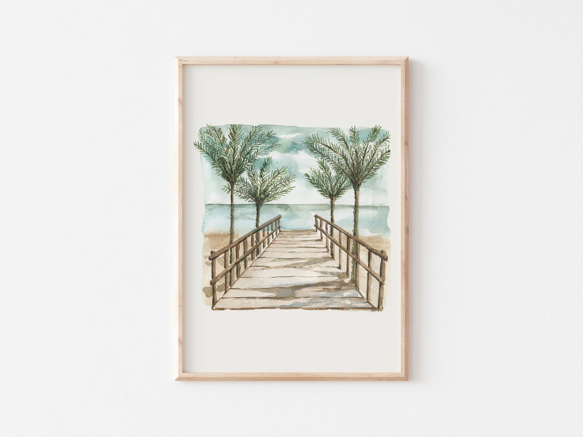 Neutral Palm Tree Boardwalk Beach Watercolor Coastal Minimalist Poster - Image 5