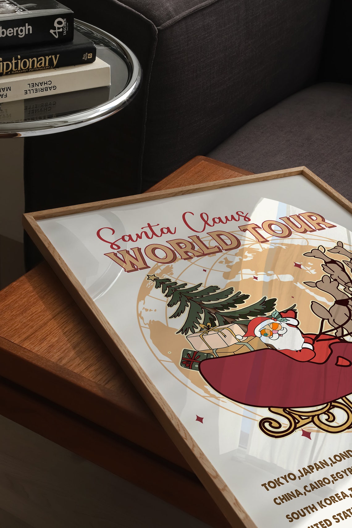 Santa Claus World Tour Sleigh Over Globe Cities Retro Holiday Poster - Image 5