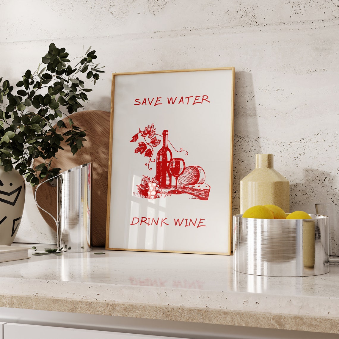 Save Water Drink Wine Red Vine and Bottle Still Life Wall Poster - Image 2