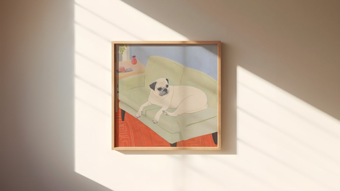 White Pug Resting on Mint Armchair Poster with Coral Rug Detail - Image 4