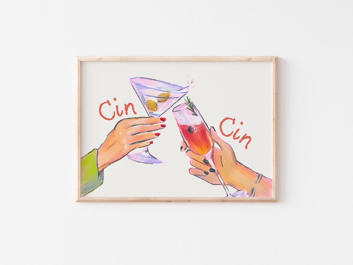 Cin Cin Cocktail Cheers Clinking Hands Retro Bar Cart Art Poster - Image 4