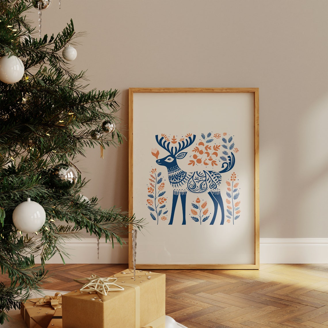 Scandinavian Folk Deer Navy Botanical Winter Forest Art Poster - Image 4