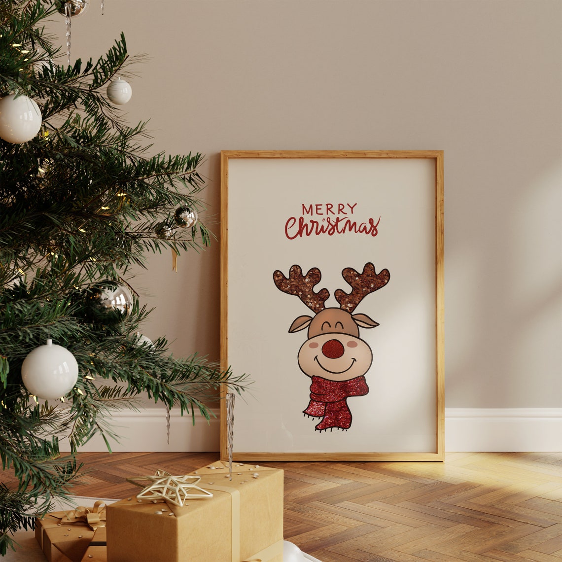 Merry Christmas Cartoon Reindeer With Glitter Antlers Poster - Image 4