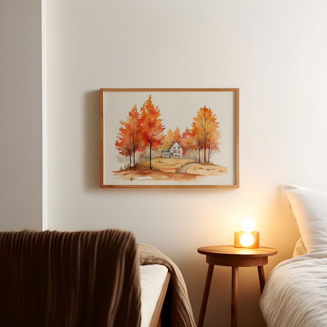 Watercolor Autumn Farmhouse With Fiery Orange Trees Scene Poster - Image 5