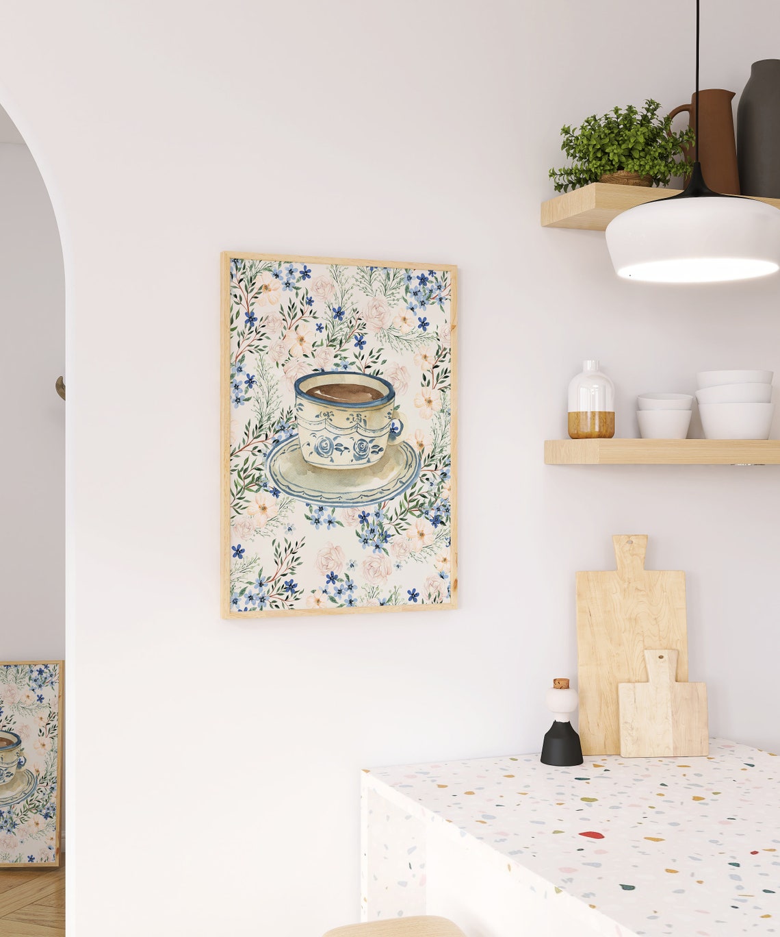 Chinoiserie Blue White Porcelain Cup Floral Watercolor Poster - Image 2
