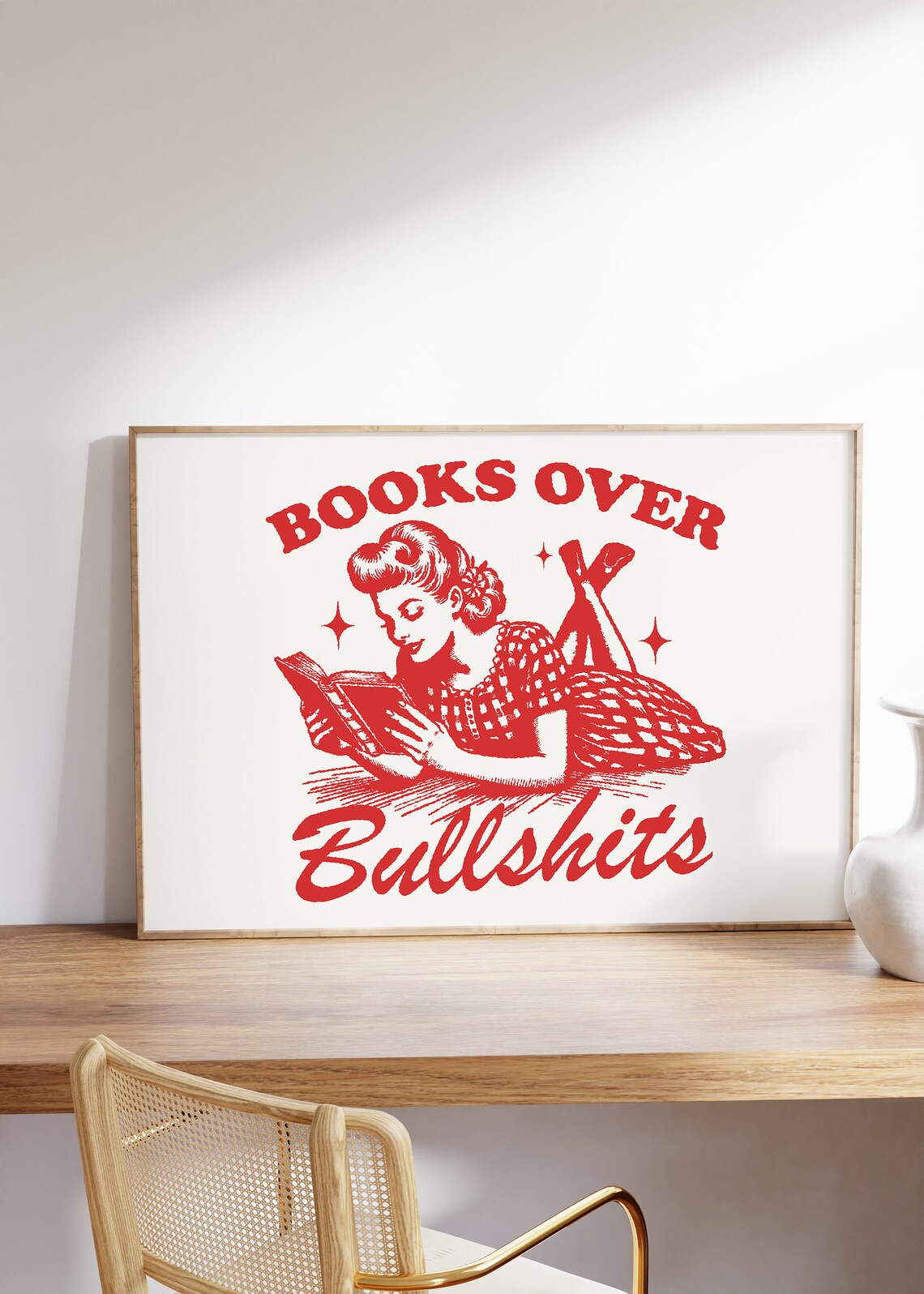 Books Over Bullshits Retro Reading Girl Funny Bookish Gift Poster - Image 4