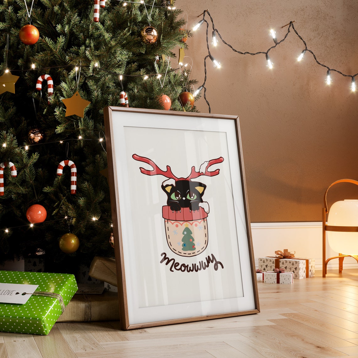 Meowwwy Black Cat With Reindeer Antlers in Stocking Art Poster - Image 3
