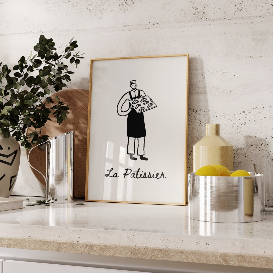 La Patissier French Chef With Croissants Black Line Kitchen Poster - Image 5
