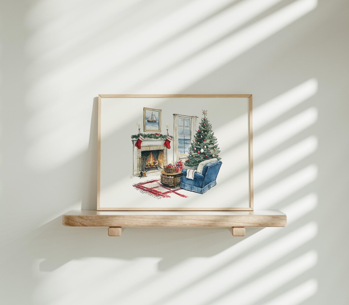 Watercolor Coastal Christmas Living Room Poster with Ocean Window View - Image 4