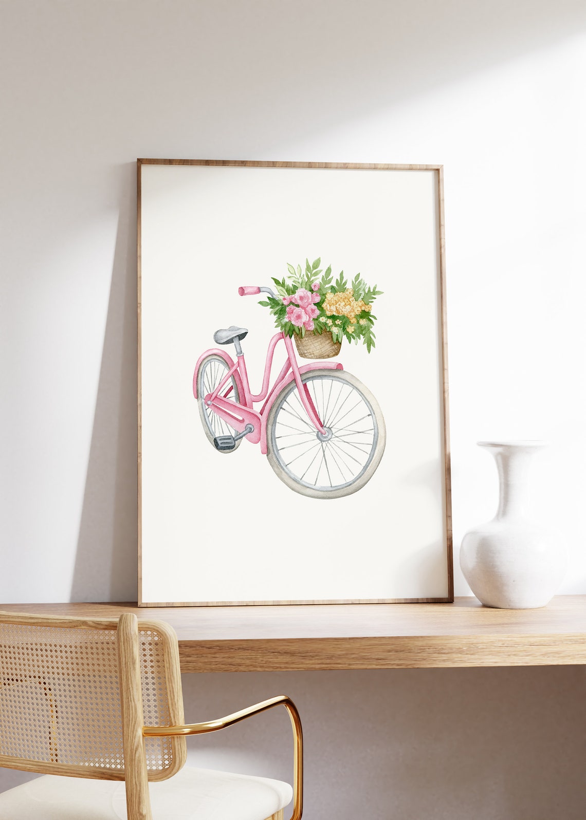 Pink Bicycle With Flower Basket Watercolor Spring Flower Poster - Image 4