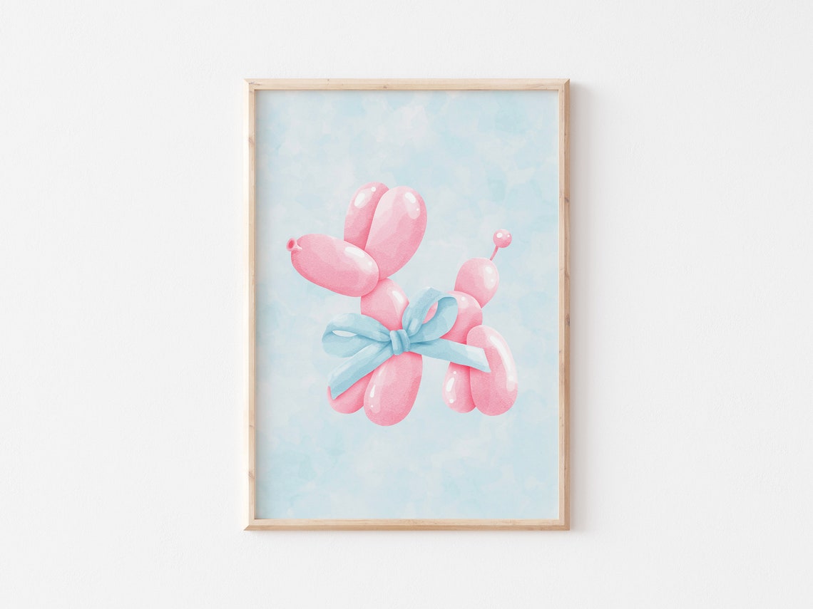 Pink Balloon Dog With Blue Bow Pastel Coquette Room Decor Poster - Image 2