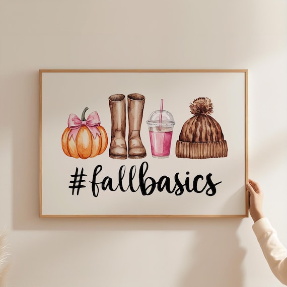 Fall Basics Watercolor Pumpkin Boots Beanie Cozy Autumn Poster
