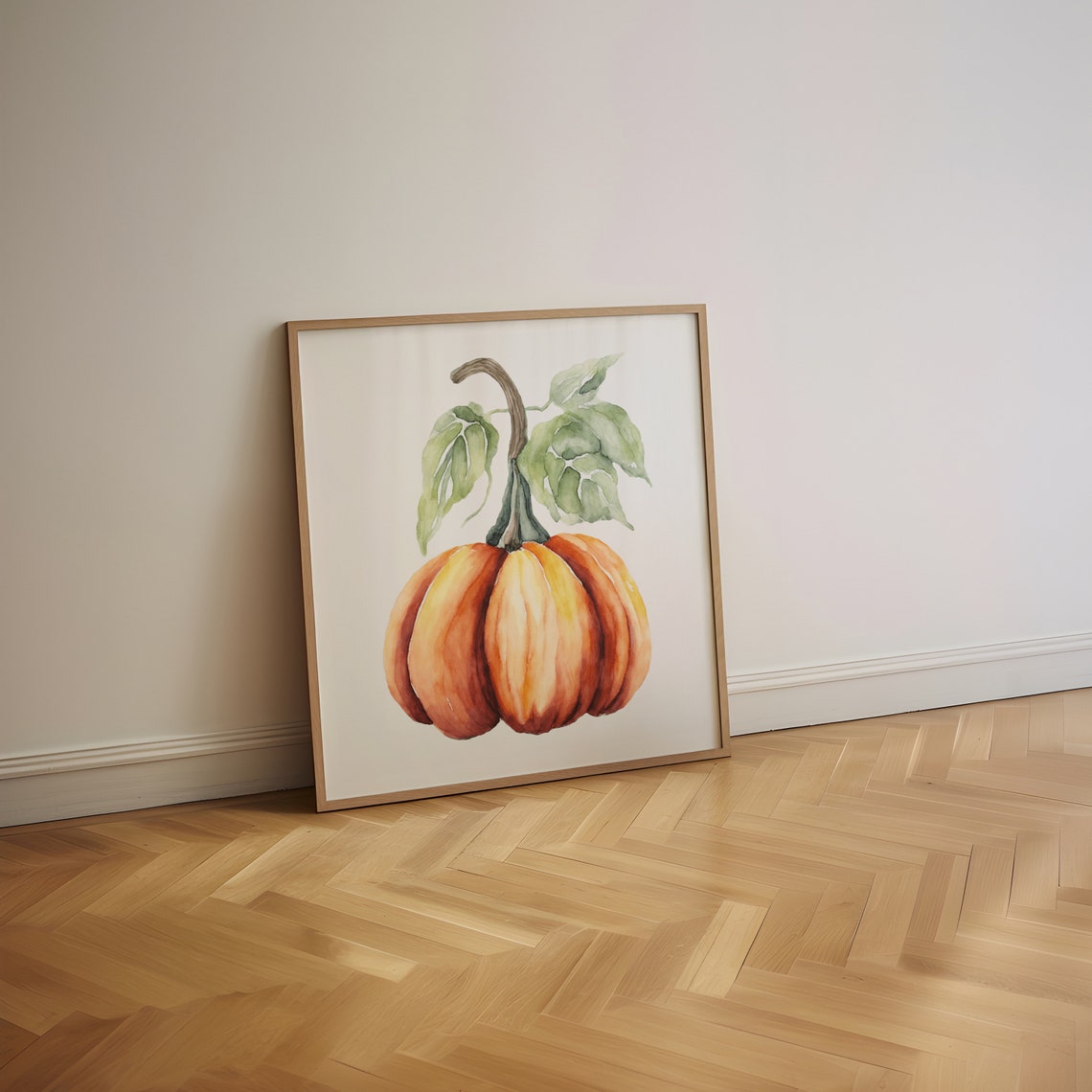 Watercolor Orange Pumpkin With Green Leaves Autumn Art Poster - Image 4