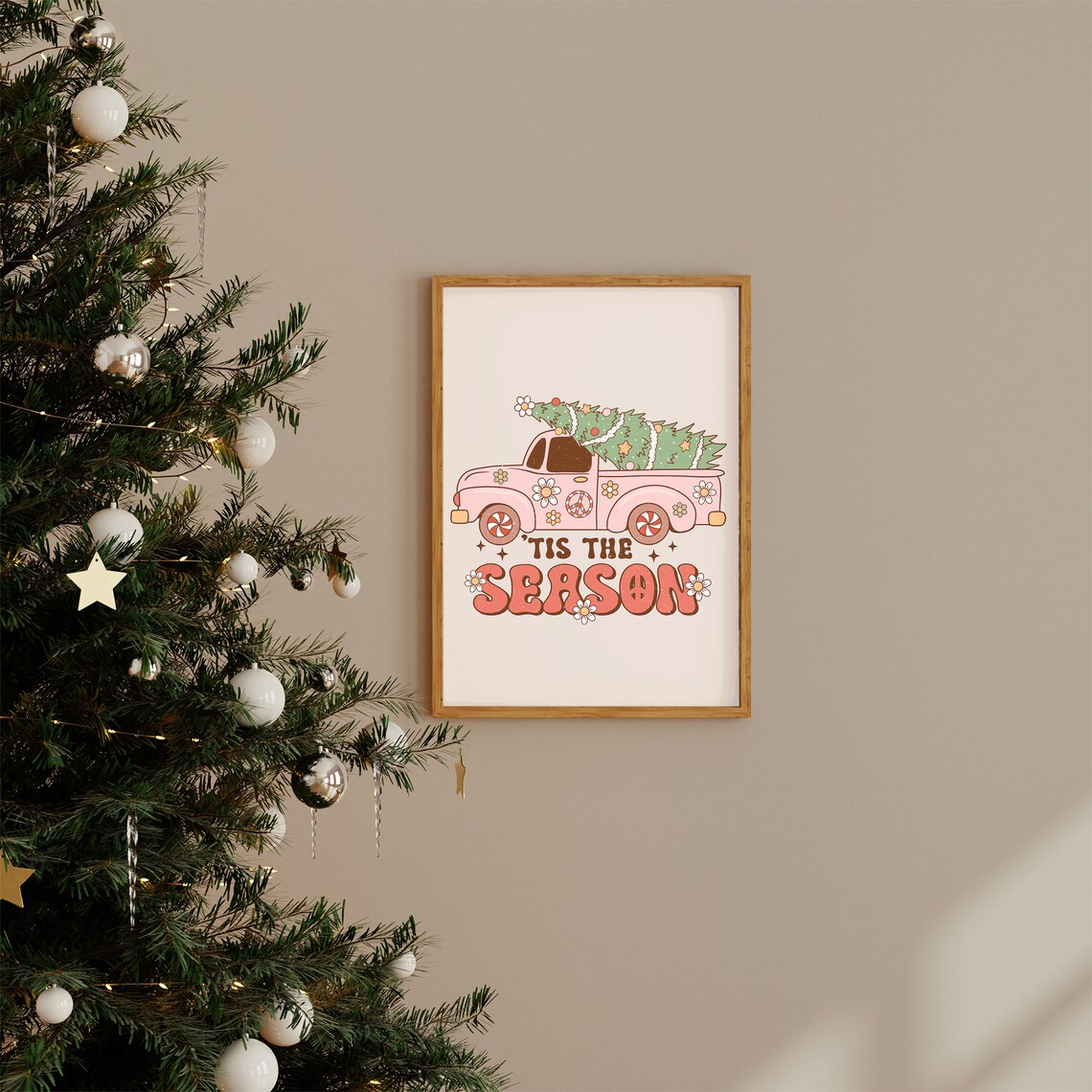 Tis the Season Pink Truck Groovy Retro Christmas Holiday Poster - Image 2