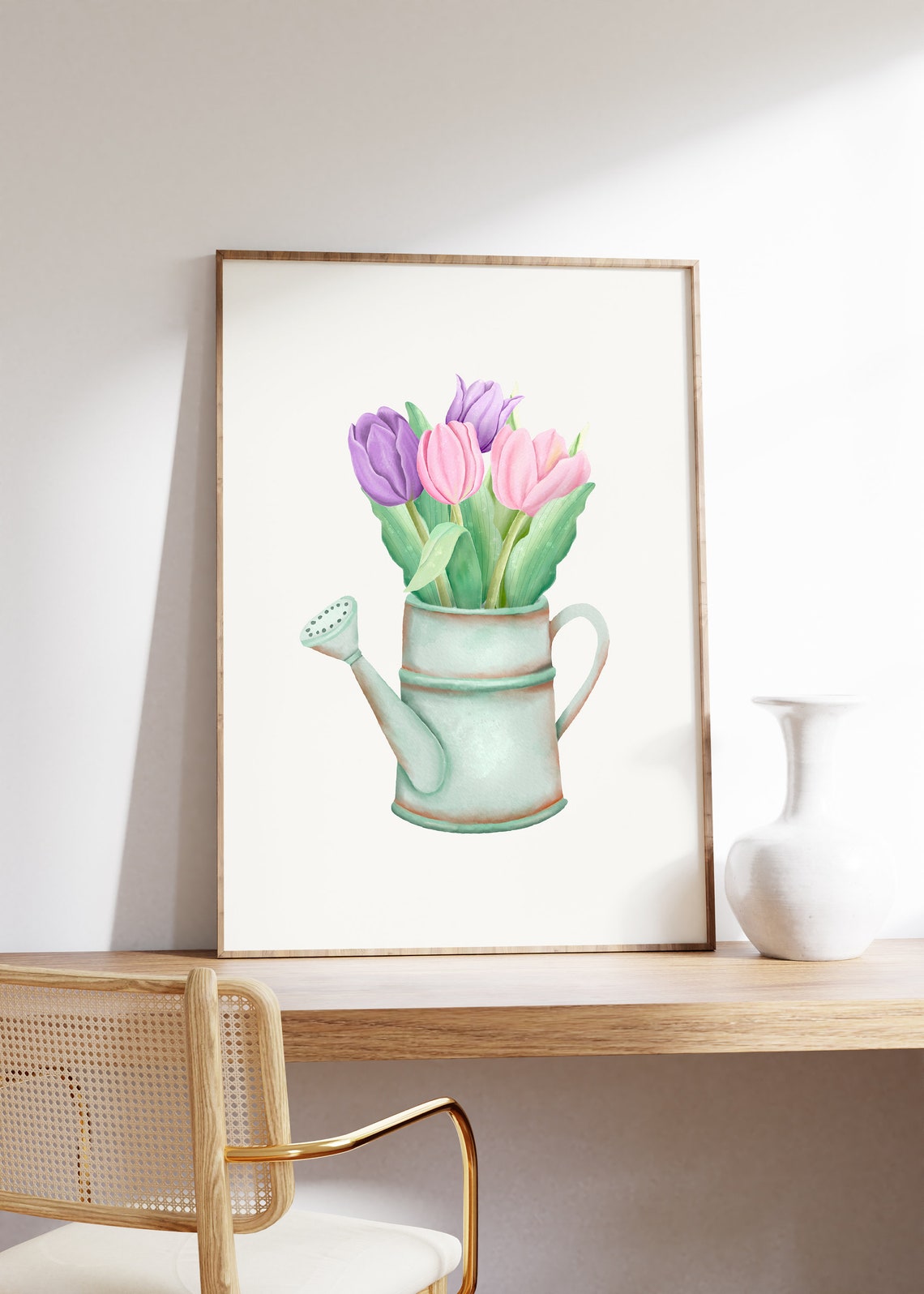 Pink And Purple Tulips In Watering Can Watercolor Flower Poster - Image 4