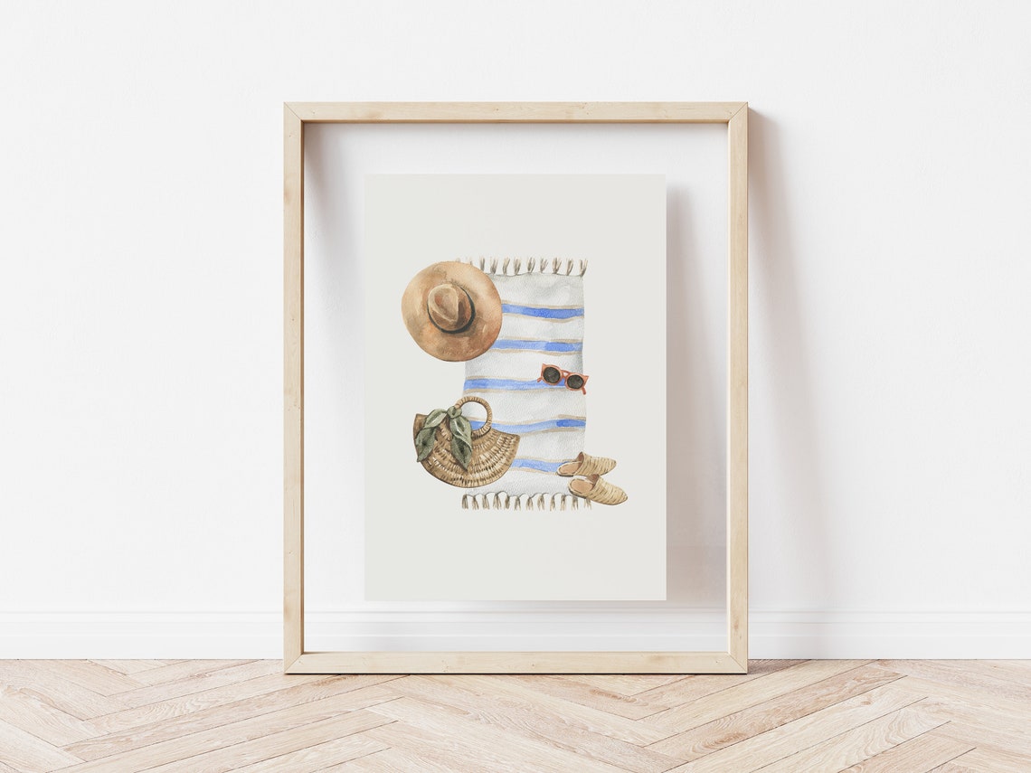 Striped Towel Straw Hat Beach Essentials Watercolor Coastal Poster - Image 4