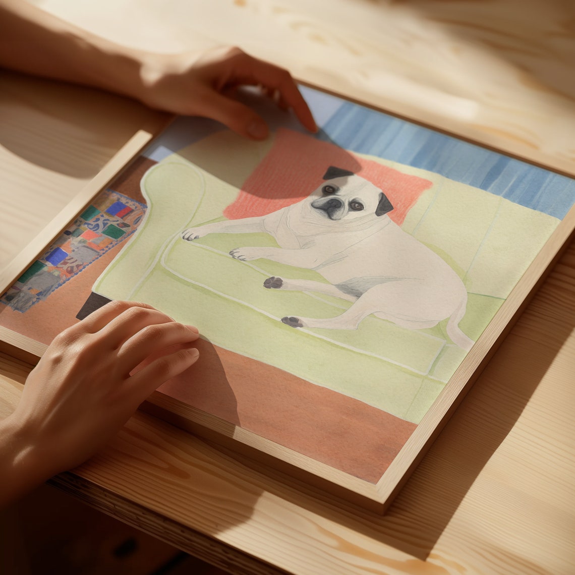 White Pug Lounging on Green Sofa Poster with Retro Illustration - Image 5